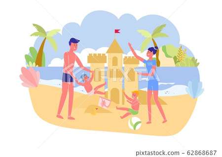 Older Siblings Help Younger Learn to Play on Beach 62868687