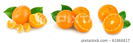 tangerine or mandarin fruit with leaves isolated on white background. Set or collection tangerine or mandarin fruit with leaves isolated on white background. Set or collection 62868817