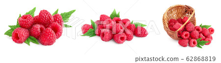 Ripe raspberries with leaf isolated on a white background, Set or collection Ripe raspberries with leaf isolated on a white background, Set or collection 62868819