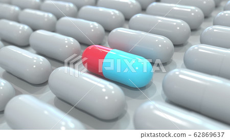 Red and blue drug capsule among many grey ones. Pharmaceutical search related conceptual 3D rendering 62869637