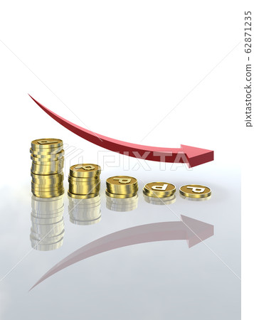 CG illustration coins and arrows arranged in a decreasing graph point 62871235