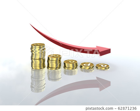 CG illustration coins and arrows arranged in a decreasing graph point 62871236