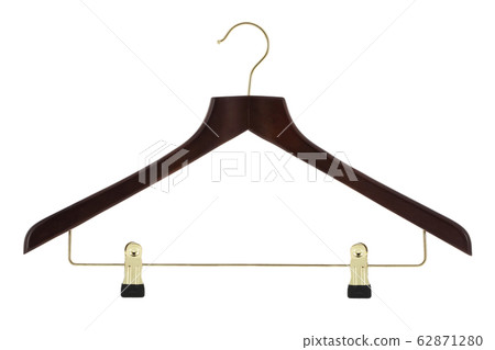 Dark wood clothes hanger with gold colored metal pants / skirt hanger isolated on a white background Dark wood clothes hanger with gold colored metal pants / skirt hanger isolated on a white background 62871280
