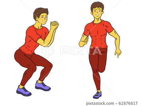 2 sets of fitness instructor men squatting and jogging 2 sets of fitness instructor men squatting and jogging 62876817