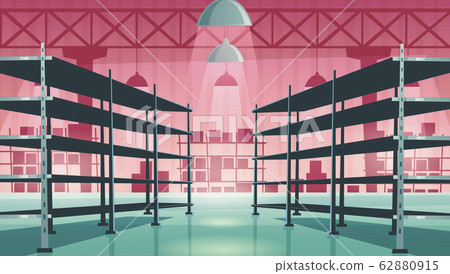 Warehouse interior with empty metal racks 62880915
