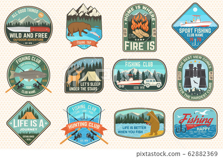 Set of fishing, camping patch. Vector. Concept for shirt or logo, print, stamp, tee, patch. Vintage typography design with fish rod, fisher, river, rainbow trout, bear , mountain silhouette.