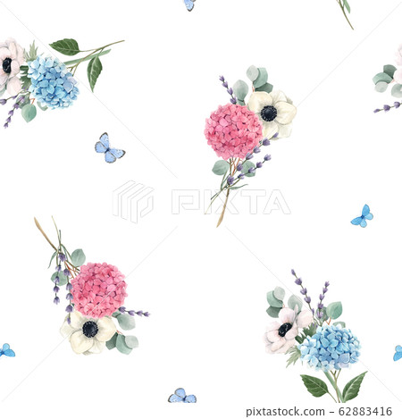 Beautiful vector seamless pattern with watercolor pink, blue, violet hydrangea flowers and white anemones with lavander. Stock illustration. Floral background. 62883416
