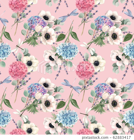 Beautiful vector seamless pattern with watercolor pink, blue, violet hydrangea flowers and white anemones with lavander. Stock illustration. Floral background. 62883417