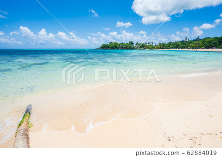 Sandy beach blue sky and turquoise ocean in 62884019