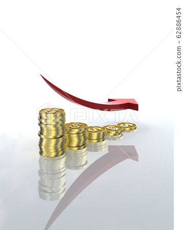 CG illustration coins and arrows dollars arranged in a decreasing graph 62886454