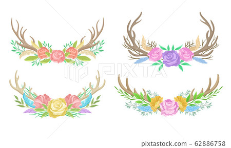 Deer Antlers Arranged with Showy Flower Buds and Tender Feathers Vector Set 62886758