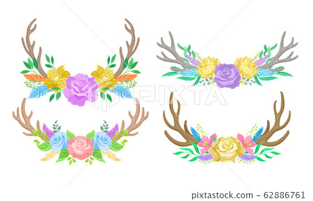 Deer Antlers Arranged with Showy Flower Buds and Tender Feathers Vector Set 62886761