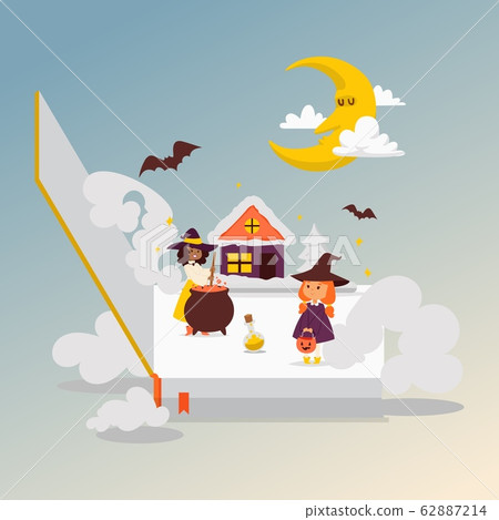 Opened children book with fairy tale about little witch vector illustration, girl and woman cartoon characters brew a potion. 62887214