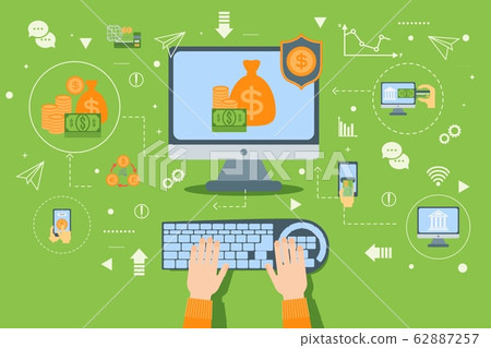 Online banking vector illustration of payment transaction in internet concept with money, card and computer flat icons. 62887257