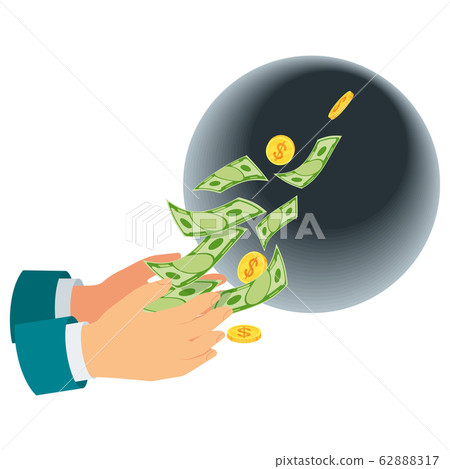 Waste of money concept. Dollar bills flying out of hands in black hole. Waste of money concept. Dollar bills flying out of hands in black hole. 62888317