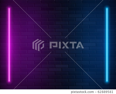 Retro Abstract Blue And Purple Neon Lights On Black Brick Wall 62889581