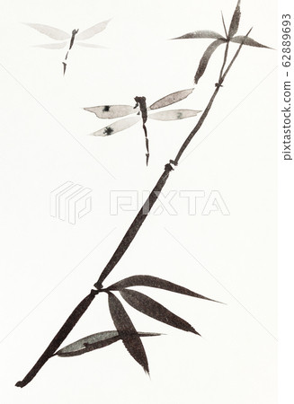 dragonflies and reed hand-drawn in sumi-e style - Stock Illustration ...