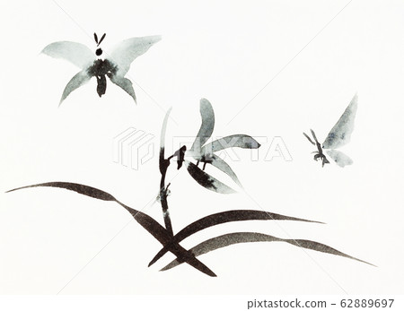 butterflies fly over flower drawn in sumi-e style 62889697