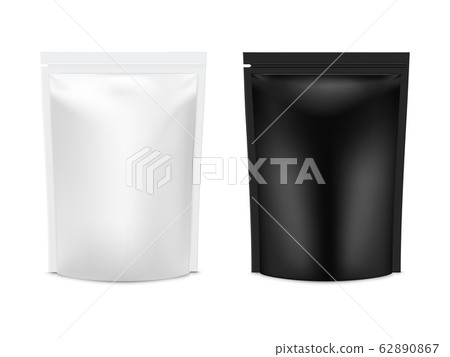 Realistic vector mock up plastic Black and white Food Stand Up Flexible Pouch Sachet set. 62890867