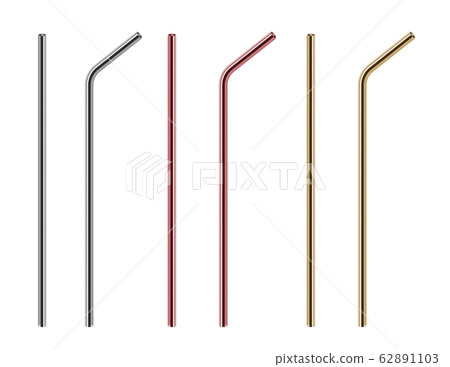 Metal straws. Reusable steel straw, stainless bars. Isolated realistic eco pipe for different drinks vector set Metal straws. Reusable steel straw, stainless bars. Isolated realistic eco pipe for different drinks vector set 62891103