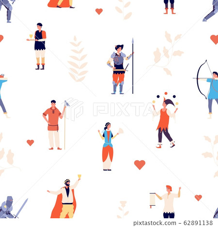 Children pattern. Royal medieval characters background. Book stories, fairy tales princess, king and knight print. Theater cinema heroes vector seamless texture Children pattern. Royal medieval characters background. Book stories, fairy tales princess, king and knight print. Theater cinema heroes vector seamless texture 62891138