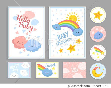 Baby shower. Abstract cute clouds heart. Kid print pattern and invitation with stars sun, moon and rainbow. Art food party vector cards 62891169