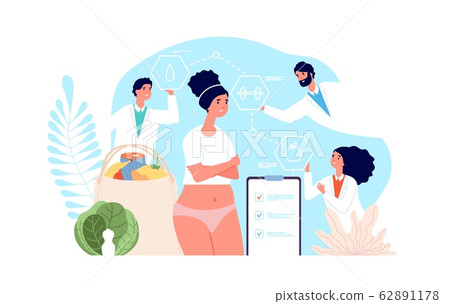 Diet concept. Healthy fasting, delicious detox. Metabolism, obesity treatment with doctors. Dietitians, personal therapy vector illustration Diet concept. Healthy fasting, delicious detox. Metabolism, obesity treatment with doctors. Dietitians, personal therapy vector illustration 62891178