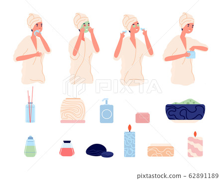 Skin care routine. Skincare, face caring. Spa cosmetics treatment with cleaning and moisturizer cream scrub. Beauty procedures vector set 62891189
