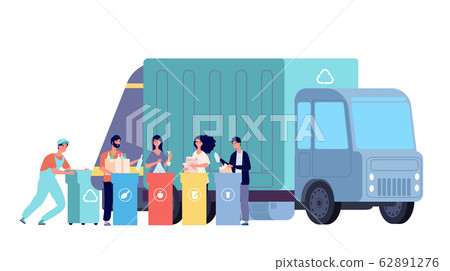 Garbage truck. Refuse recycling, rubbish worker and disposal containers. People sorting and throw waste. Vector recycle dumpster concept 62891276