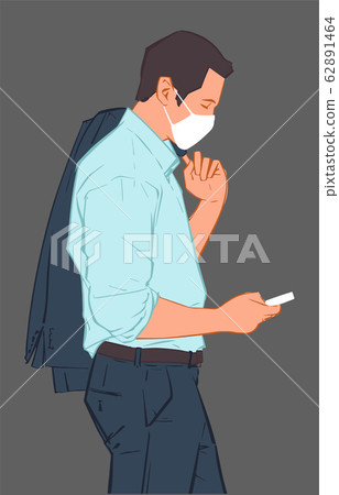 Illustration of young male office worker waiting for public transport heading to work wearing face mask in fear of infection disease Illustration of young male office worker waiting for public transport heading to work wearing face mask in fear of infection disease 62891464