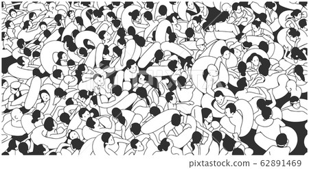 Detailed illustration of overly crowded swimming pool, beach people bathing and enjoying summer holiday Detailed illustration of overly crowded swimming pool, beach people bathing and enjoying summer holiday 62891469