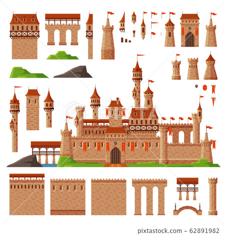 Medieval Castle Collection, Elements of Ancient Stone Fortress Building Vector Illustration 62891982