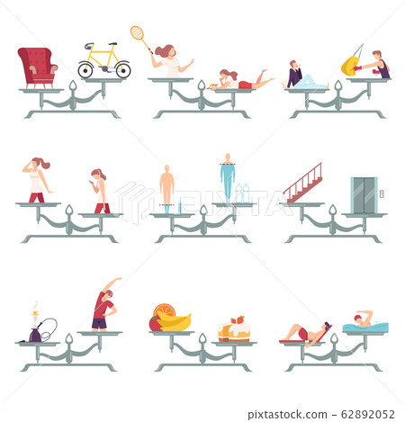 Collection of Scales with Bad and Good Habits, Living and Fast Food, Choosing Between Healthy and Unhealthy Lifestyle Flat Vector Illustration 62892052