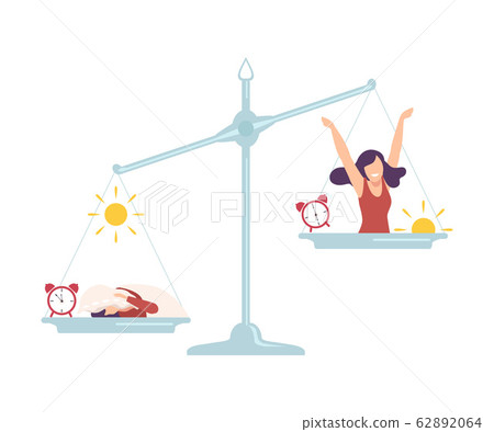 Sleepyhead Girl on One Side of Scales, Early Riser Girl on the Other, Bad and Good Habits, Choosing Between Healthy and Unhealthy Lifestyle Flat Vector Illustration 62892064