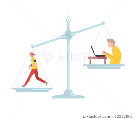 Running Male Athlete is on One Side of Scales, Stooped Man Sitting at Computer on the Other, Bad and Good Habits, Choosing Between Healthy and Unhealthy Lifestyle Flat Vector Illustration Running Male Athlete is on One Side of Scales, Stooped Man Sitting at Computer on the Other, Bad and Good Habits, Choosing Between Healthy and Unhealthy Lifestyle Flat Vector Illustration 62892065