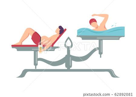 Lazy Man Drinking Beer is on One Side of Scale, Swimming Man on the Other, Scales with Bad and Good Habits, Choosing Between Healthy and Unhealthy Lifestyle Flat Vector Illustration Lazy Man Drinking Beer is on One Side of Scale, Swimming Man on the Other, Scales with Bad and Good Habits, Choosing Between Healthy and Unhealthy Lifestyle Flat Vector Illustration 62892081