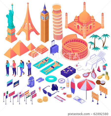Collection of adventure touristic decorative design elements isometry vector graphic illustration 62892380