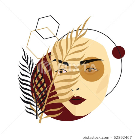 Futuristic female face collage with palm tree branch and different geometric shapes 62892467