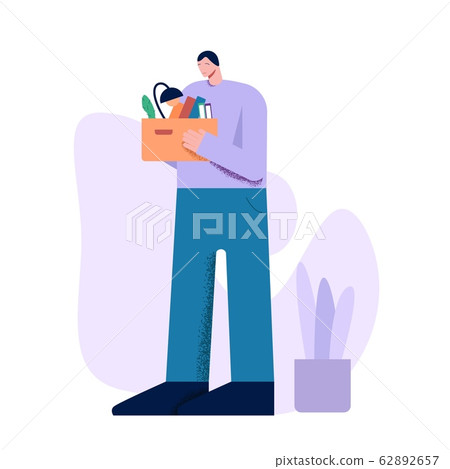 Unhappy cartoon male holding carrying box with things after dismissal 62892657