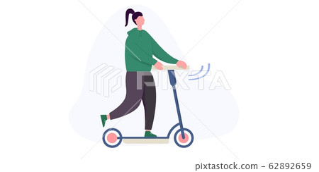 Funny cartoon girl riding kick scooter isolated on white background Funny cartoon girl riding kick scooter isolated on white background 62892659