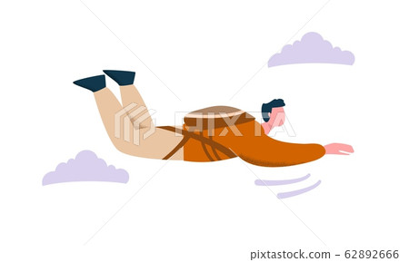 Parachute jumper man flying with raised hands surrounded by clouds vector flat illustration 62892666