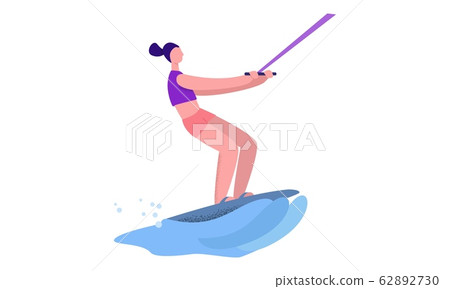 Active female practicing extreme sport wakeboarding vector flat illustration 62892730