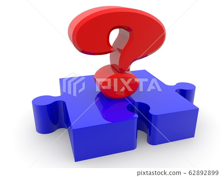 Blue piece of a puzzle with a red question mark in the center Blue piece of a puzzle with a red question mark in the center 62892899