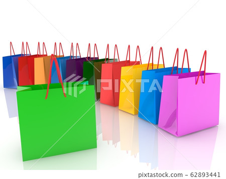 Row of Shopping bags in various colors on white 62893441