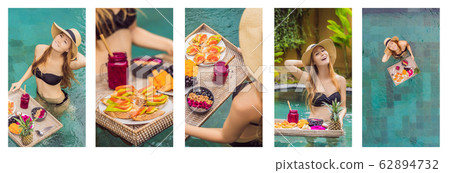 Set of template stories format. Breakfast tray in swimming pool, floating breakfast in luxury hotel Set of template stories format. Breakfast tray in swimming pool, floating breakfast in luxury hotel 62894732