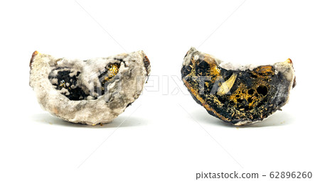 Rotten orange fruit isolated on white background - Unhealthy food for people health - Abstract 62896260