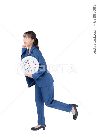 Beautiful portrait young business asian woman holding clock and shock isolated on white background Beautiful portrait young business asian woman holding clock and shock isolated on white background 62899099