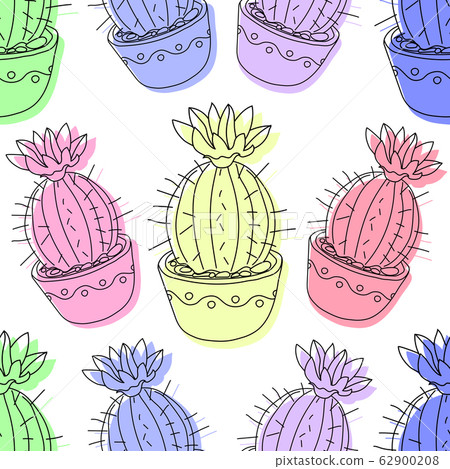 Seamless pattern with cactus and succulents in the pots. Hand drawn background. Vector illustration 62900208