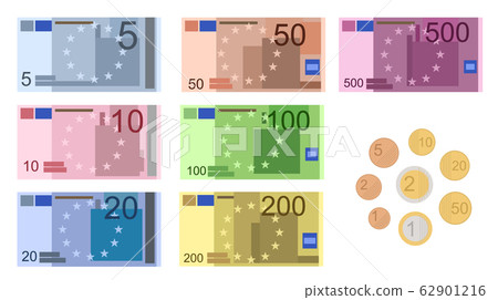 Cartoon Color Euro Banknotes Icon Set. Vector 62901216