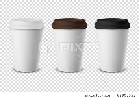 Vector 3d Realistic Disposable Closed Paper, Plastic Coffee Cup for Drinks with White, Brown and Black Lid Set Closeup Isolated on Transparent Background. Design Template, Mockup. Front View Vector 3d Realistic Disposable Closed Paper, Plastic Coffee Cup for Drinks with White, Brown and Black Lid Set Closeup Isolated on Transparent Background. Design Template, Mockup. Front View 62902552